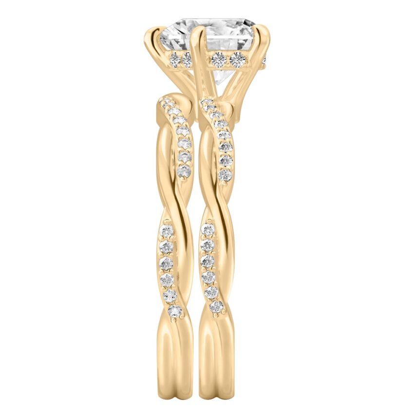 Side view of heart shape diamond twist hidden halo engagement ring set yellow gold