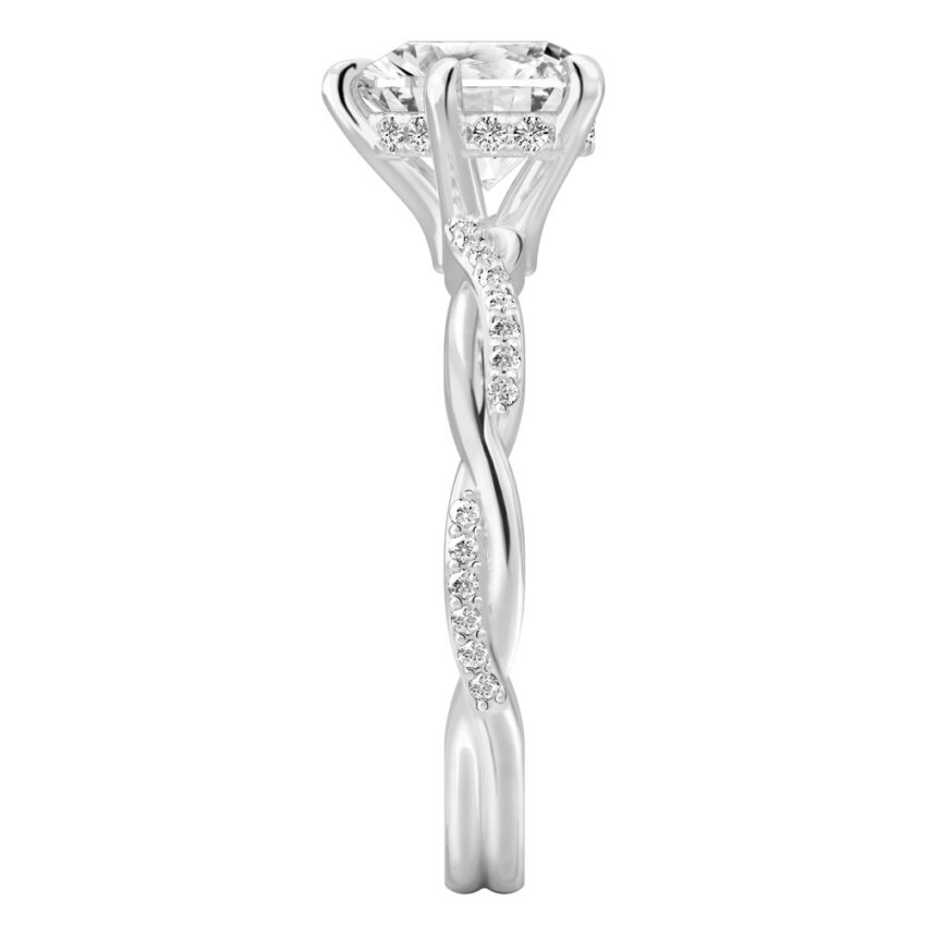 Side view of heart shape diamond twist hidden halo engagement ring in white gold