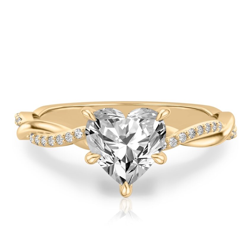 heart shape diamond twist hidden halo engagement ring in yellow gold