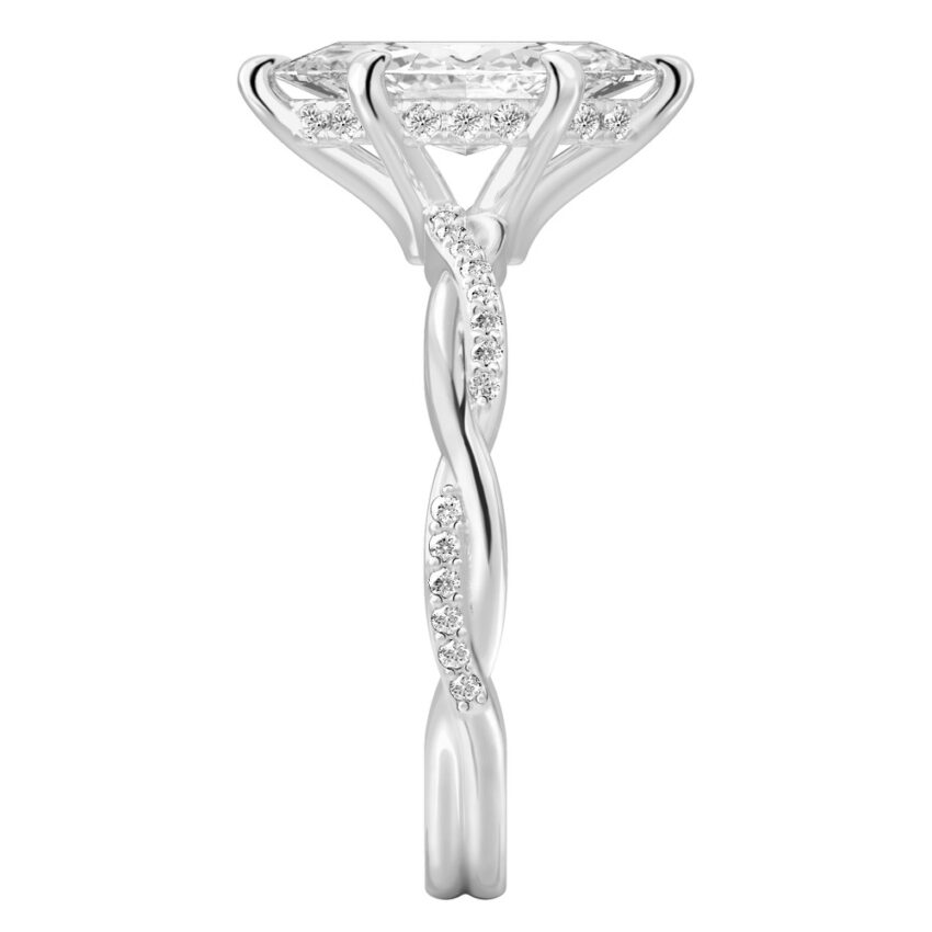 Side view of marquise cut diamond twist hidden halo engagement ring in palladium