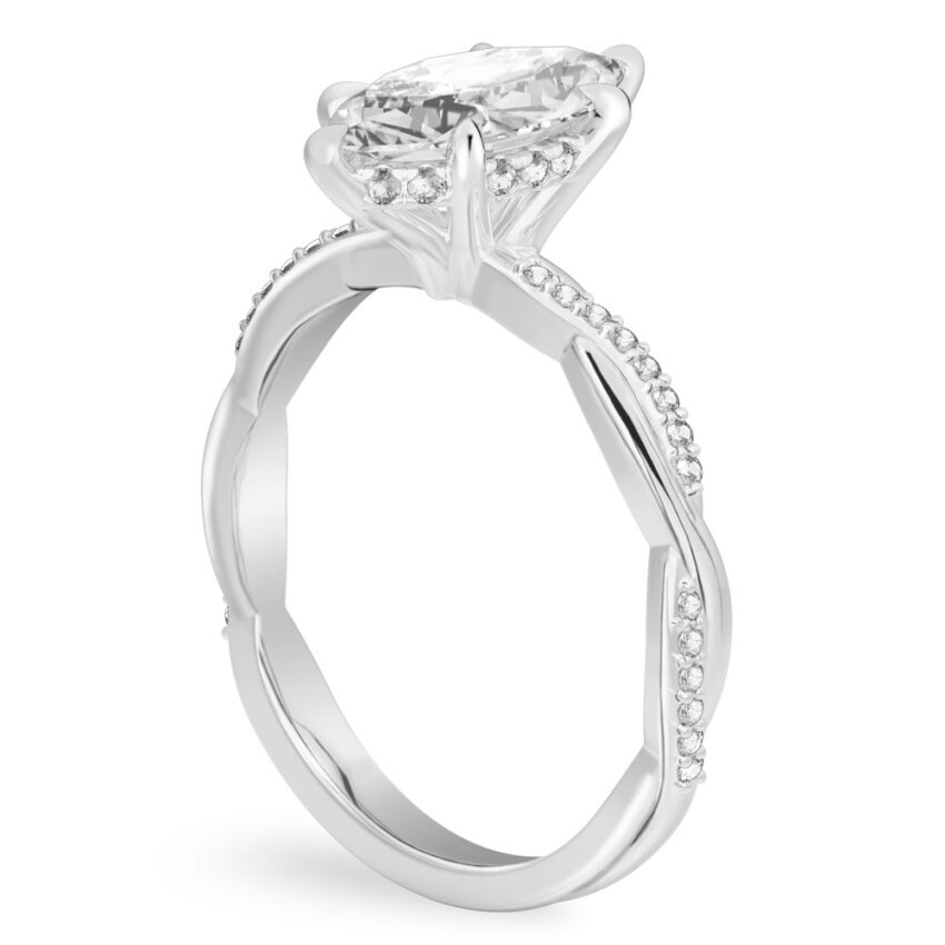 Angle view of marquise cut diamond twist hidden halo engagement ring in platinum