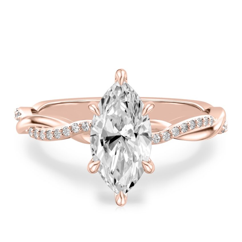 marquise cut diamond twist hidden halo engagement ring in rose gold