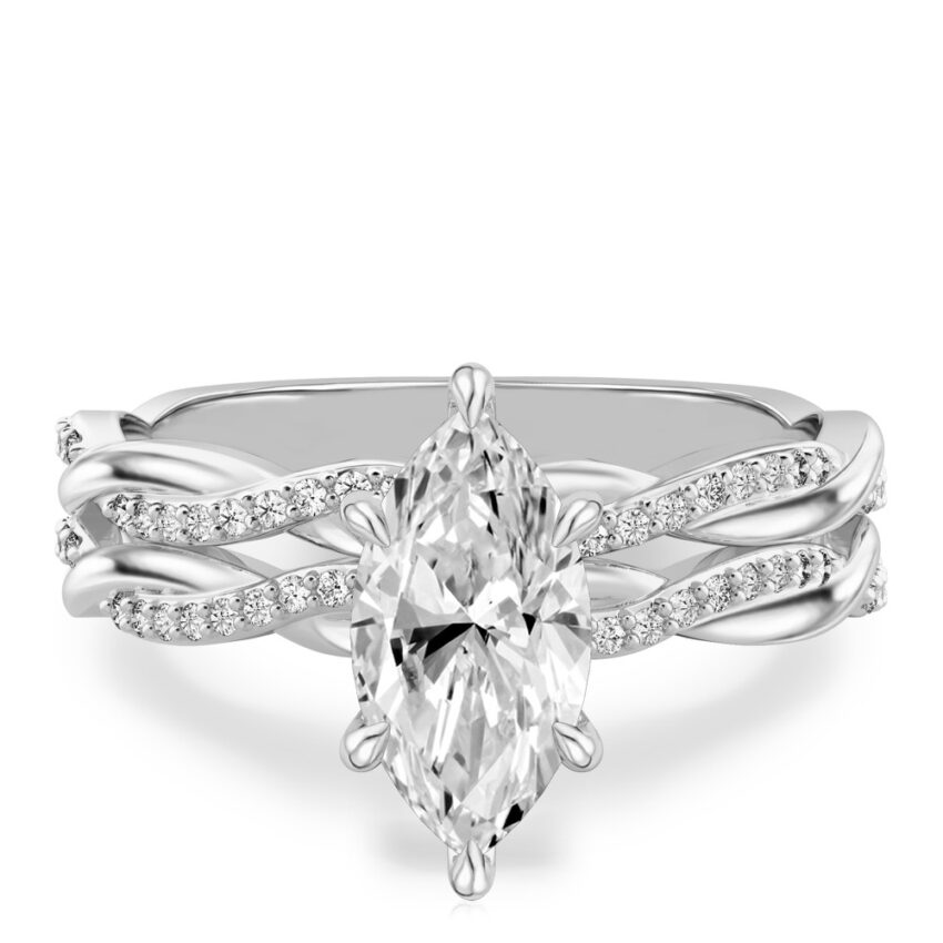 marquise cut diamond twist hidden halo engagement ring set platinum