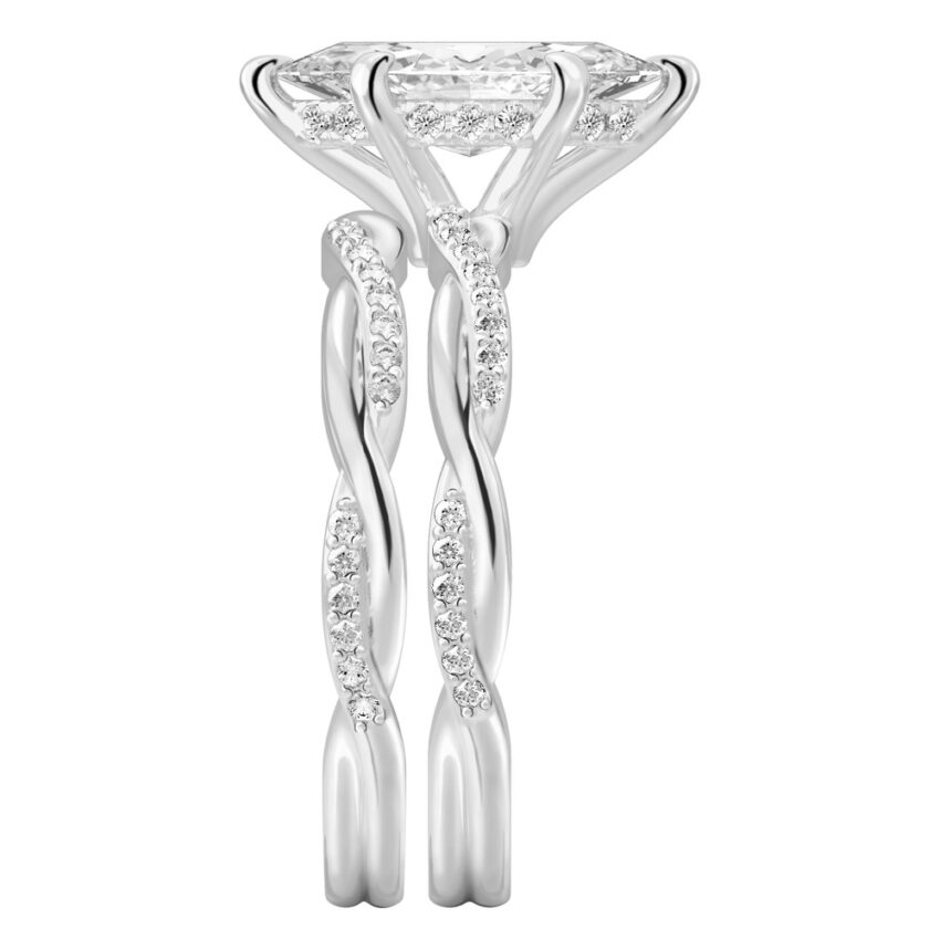 Side view of marquise cut diamond twist hidden halo engagement ring set platinum