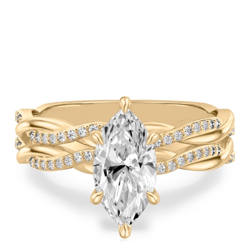 marquise cut diamond twist hidden halo engagement ring set yellow gold