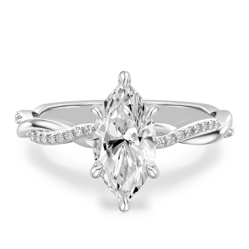 marquise cut diamond twist hidden halo engagement ring in white gold