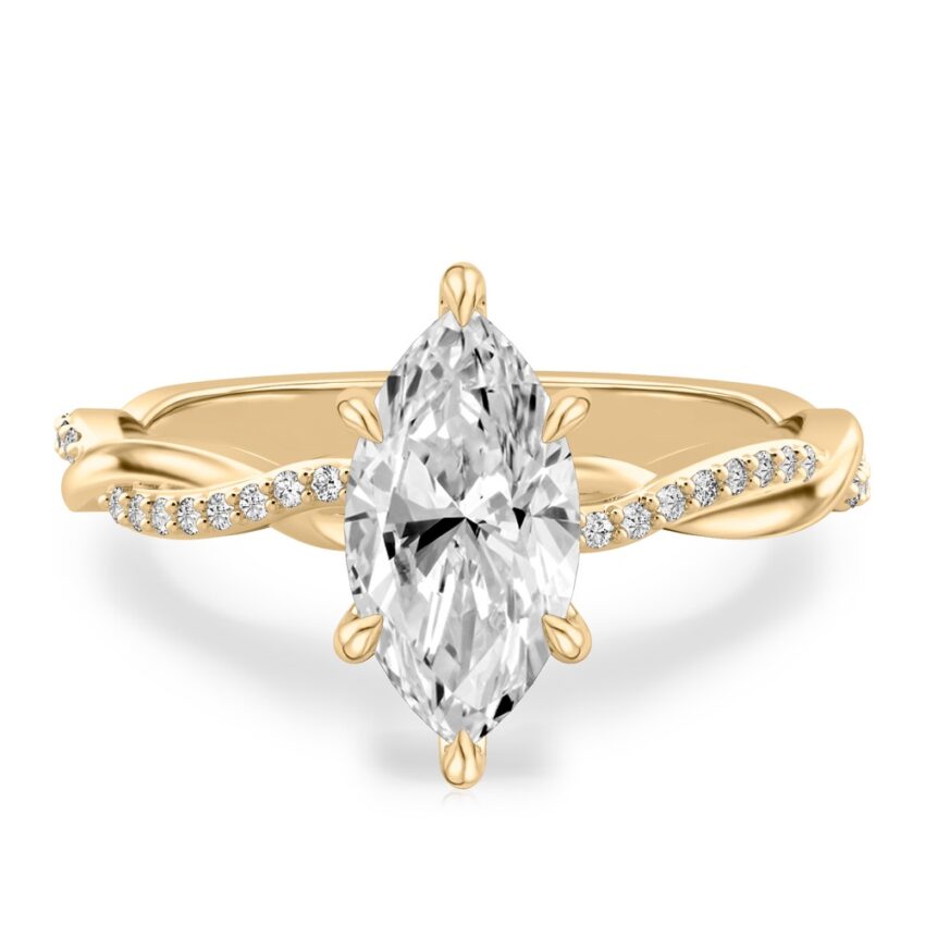 marquise cut diamond twist hidden halo engagement ring in yellow gold
