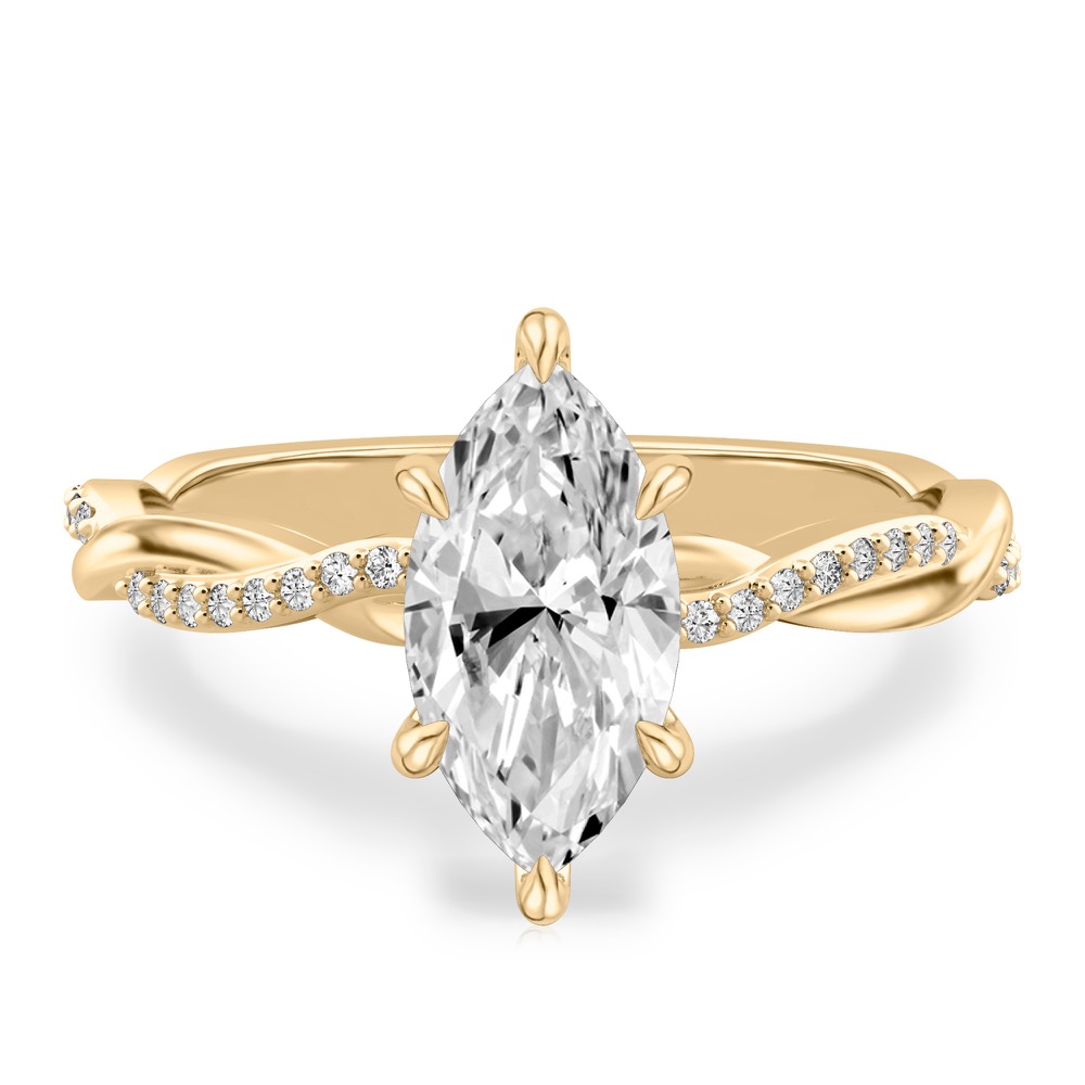 marquise cut diamond twist hidden halo engagement ring in yellow gold
