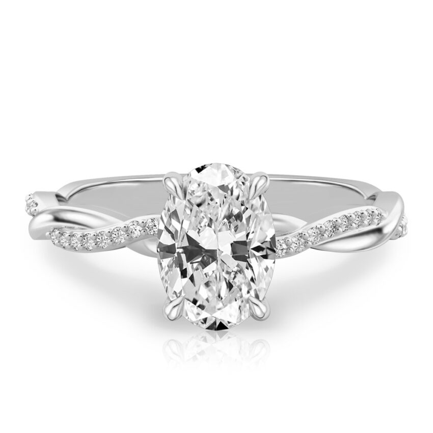 oval cut diamond twist hidden halo engagement ring in platinum