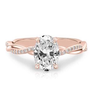oval cut diamond twist hidden halo engagement ring in rose gold