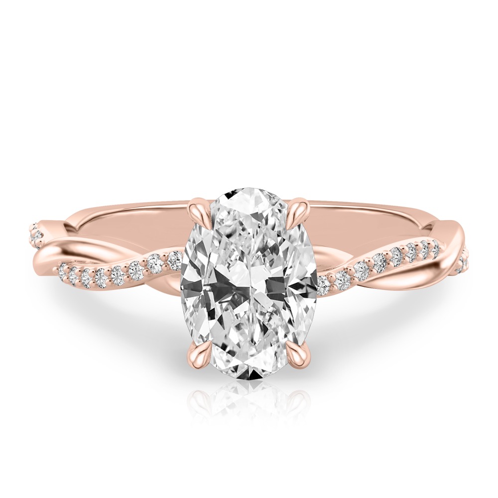 oval cut diamond twist hidden halo engagement ring in rose gold