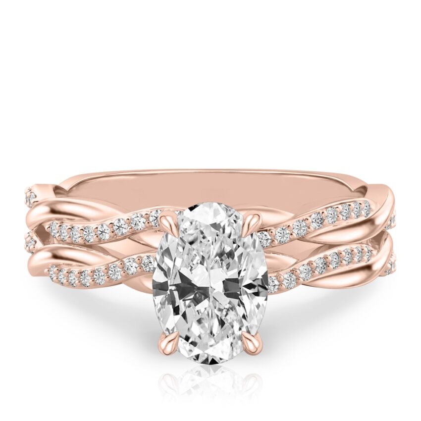 oval cut diamond twist hidden halo engagement ring set rose gold