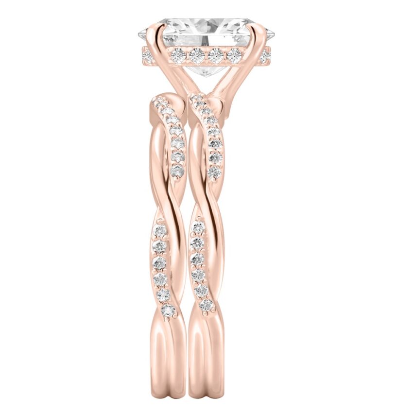 Side view of oval cut diamond twist hidden halo engagement ring set rose gold
