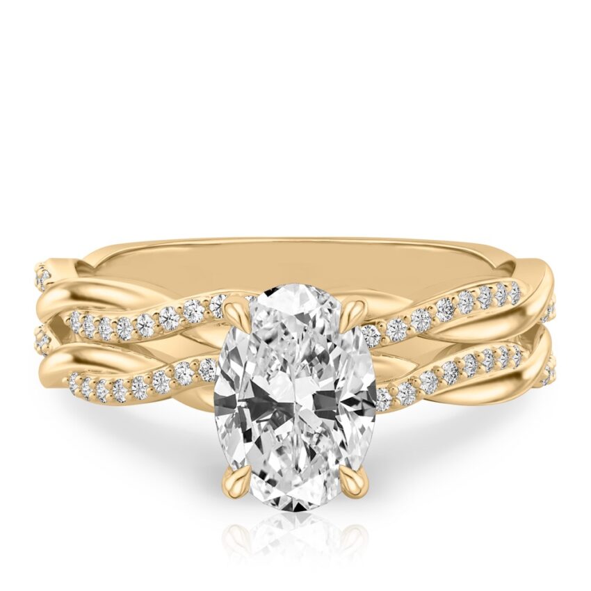 oval cut diamond twist hidden halo engagement ring set yellow gold