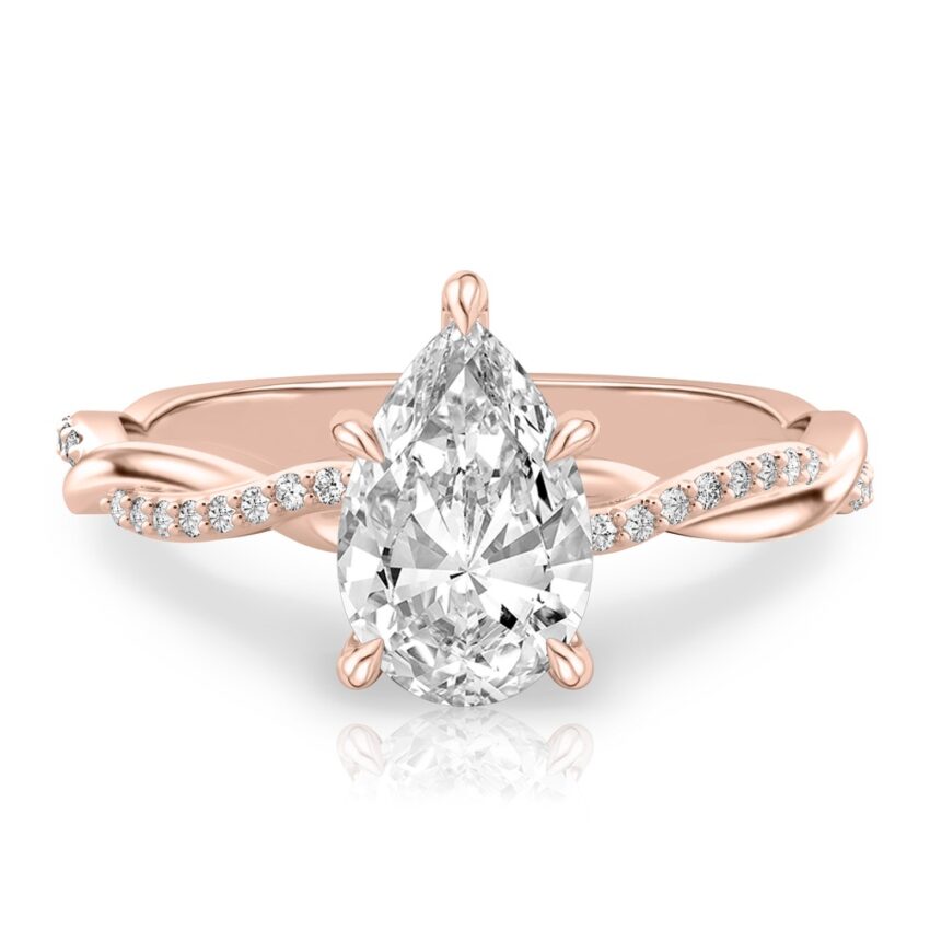 pear shape diamond twist hidden halo engagement ring in rose gold