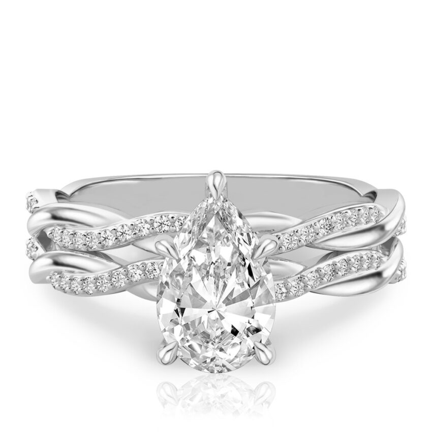 pear shape diamond twist hidden halo engagement ring set white gold