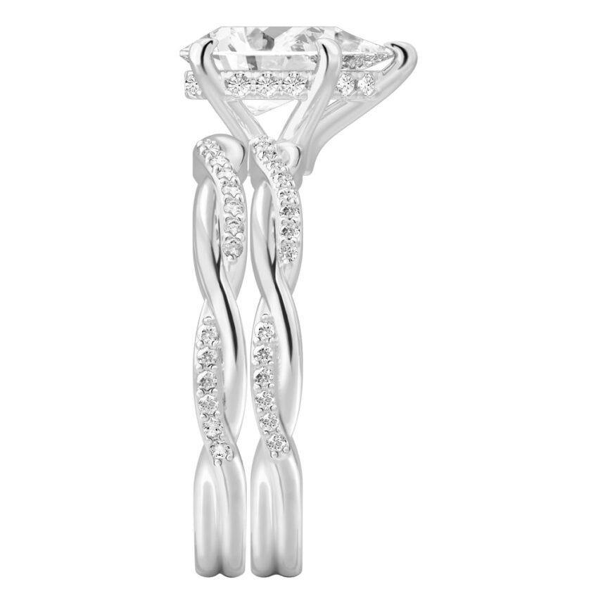 Side view of pear shape diamond twist hidden halo engagement ring set white gold