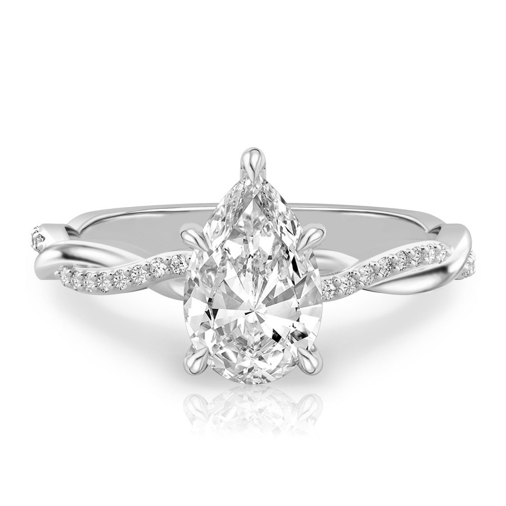 pear shape diamond twist hidden halo engagement ring in white gold
