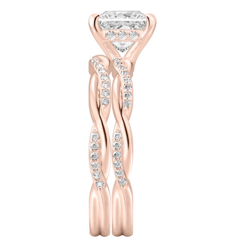 Side view of princess cut diamond twist hidden halo engagement ring set rose gold