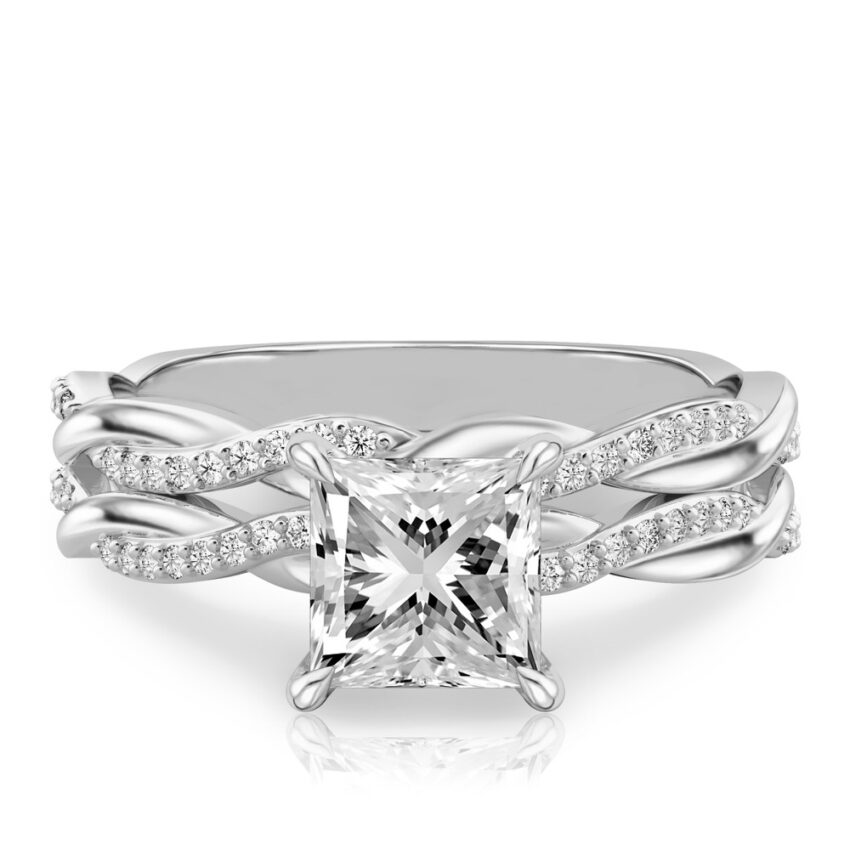 princess cut diamond twist hidden halo engagement ring set white gold