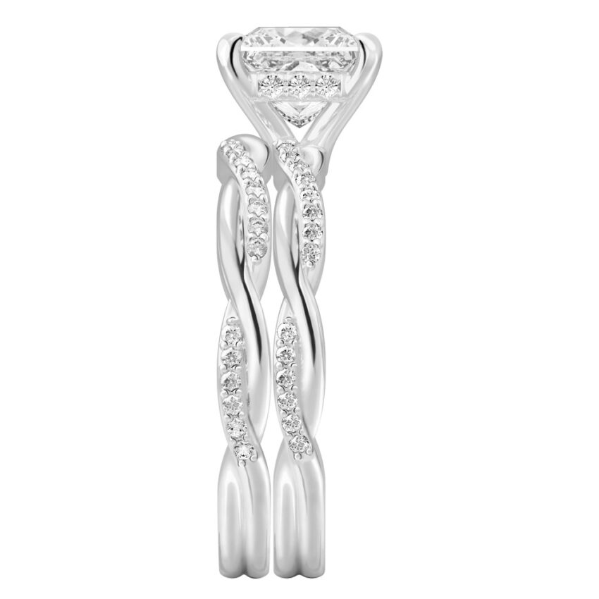 Side view of princess cut diamond twist hidden halo engagement ring set white gold