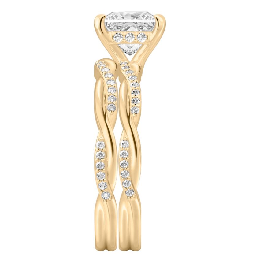Side view of princess cut diamond twist hidden halo engagement ring set yellow gold