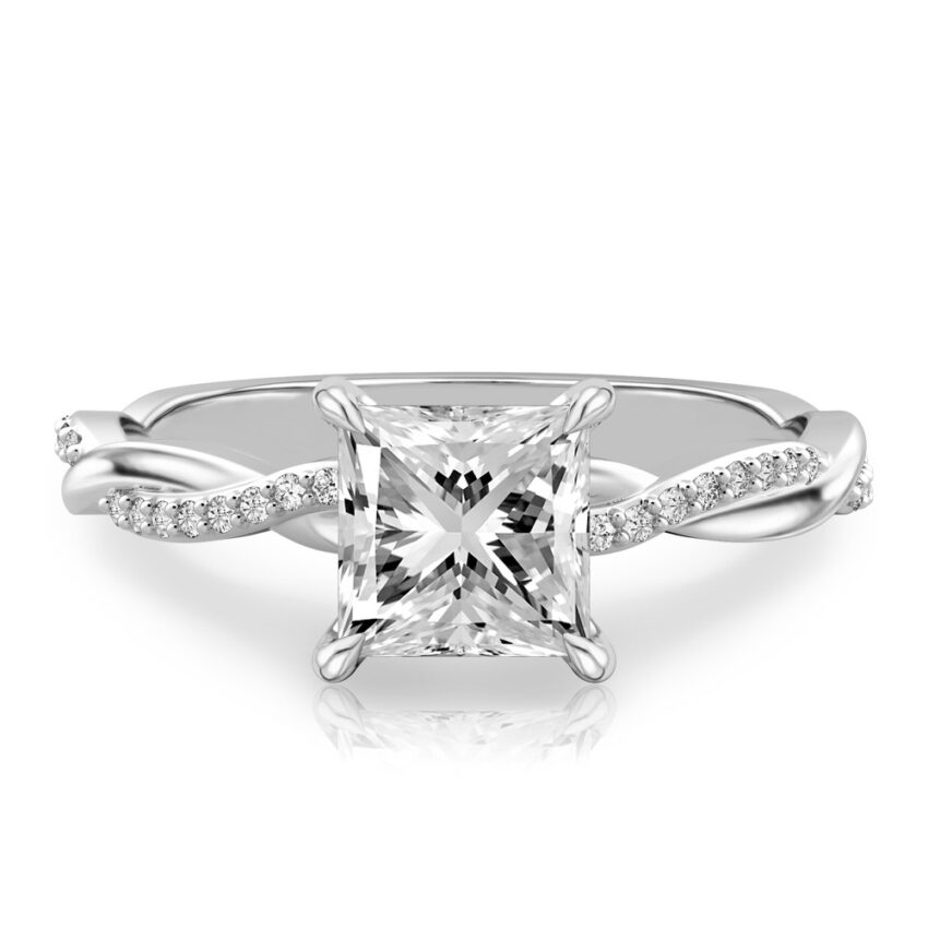 princess cut diamond twist hidden halo engagement ring in white gold
