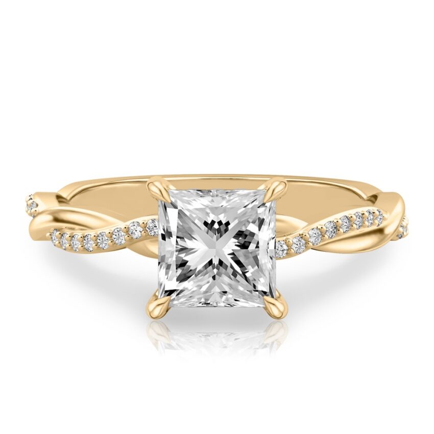 princess cut diamond twist hidden halo engagement ring in yellow gold