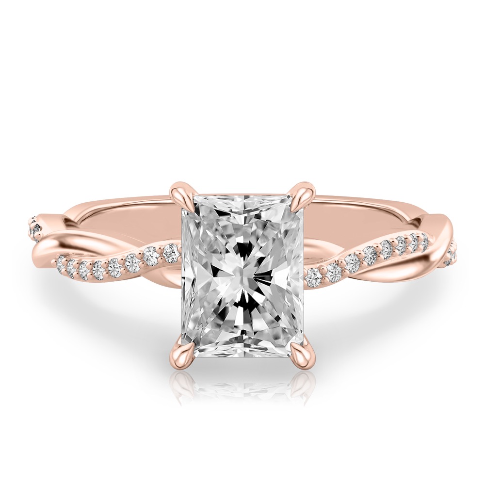radiant cut diamond twist hidden halo engagement ring in rose gold