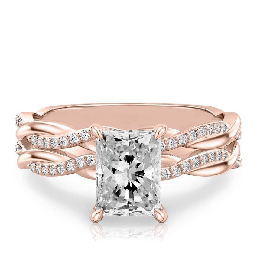 radiant cut diamond twist hidden halo engagement ring set rose gold
