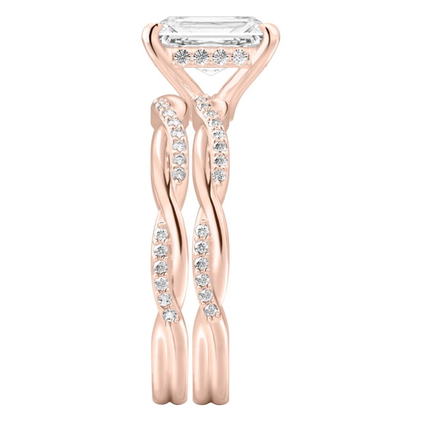 Side view of radiant cut diamond twist hidden halo engagement ring set rose gold