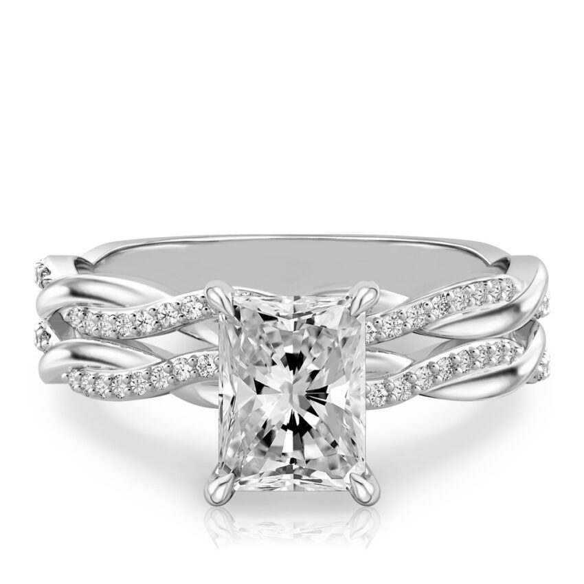 radiant cut diamond twist hidden halo engagement ring set white gold