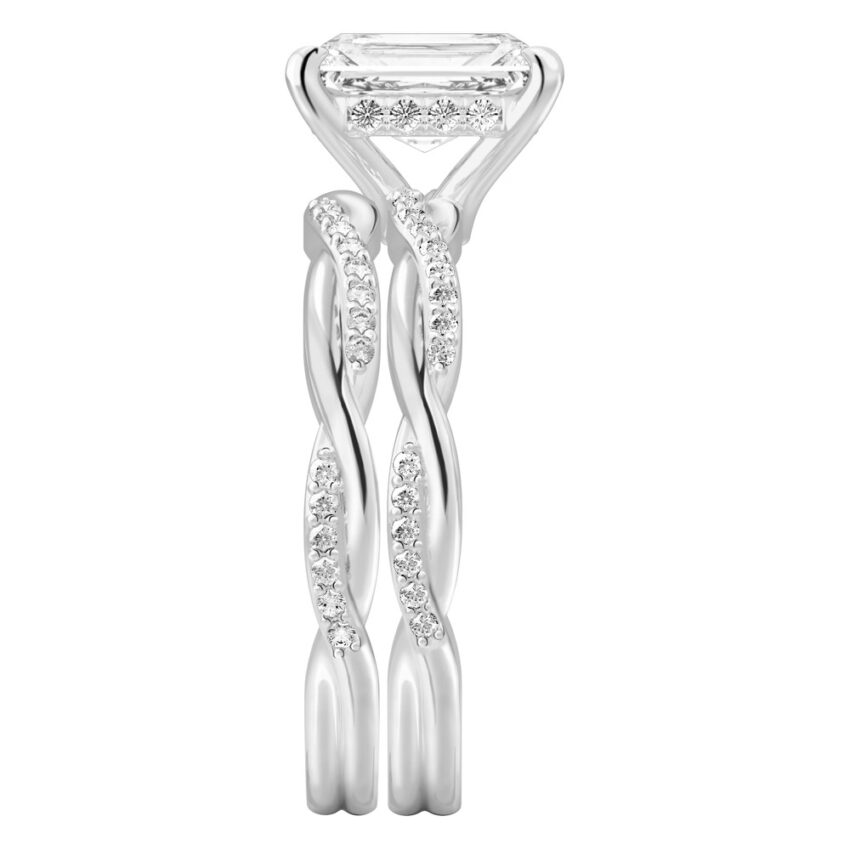 Side view of radiant cut diamond twist hidden halo engagement ring set white gold