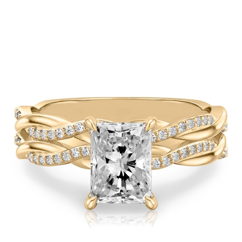 radiant cut diamond twist hidden halo engagement ring set yellow gold