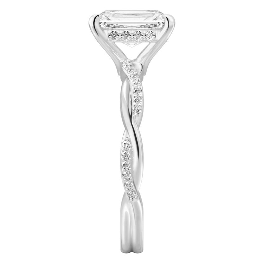 Side view of radiant cut diamond twist hidden halo engagement ring in white gold
