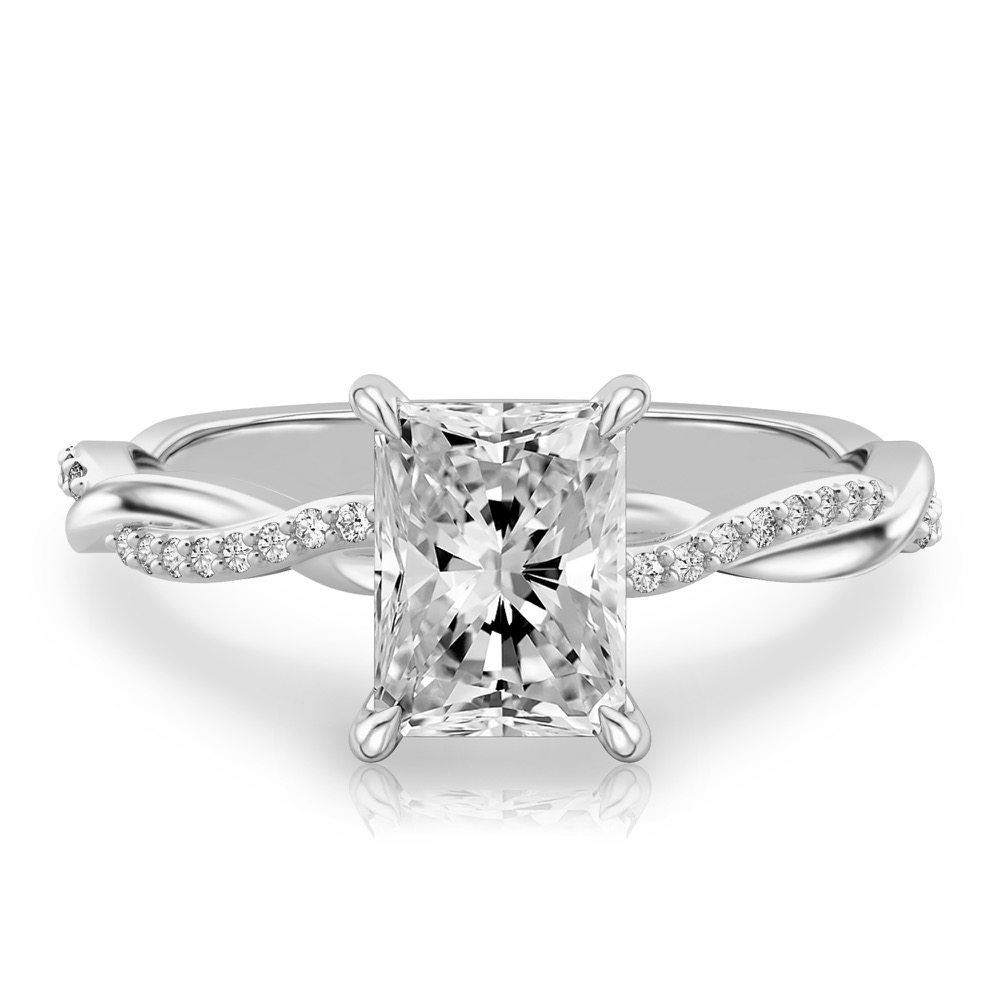radiant cut diamond twist hidden halo engagement ring in white gold