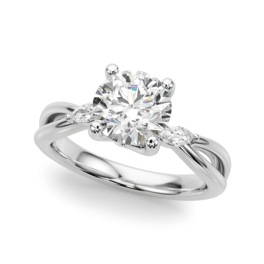 Angle view of round cut diamond nature inspired crossover engagement ring in platinum