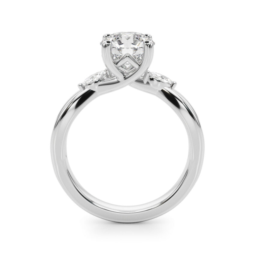 Side view of round cut diamond nature inspired crossover engagement ring in platinum