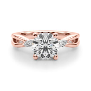 round cut diamond nature inspired crossover engagement ring in rose gold