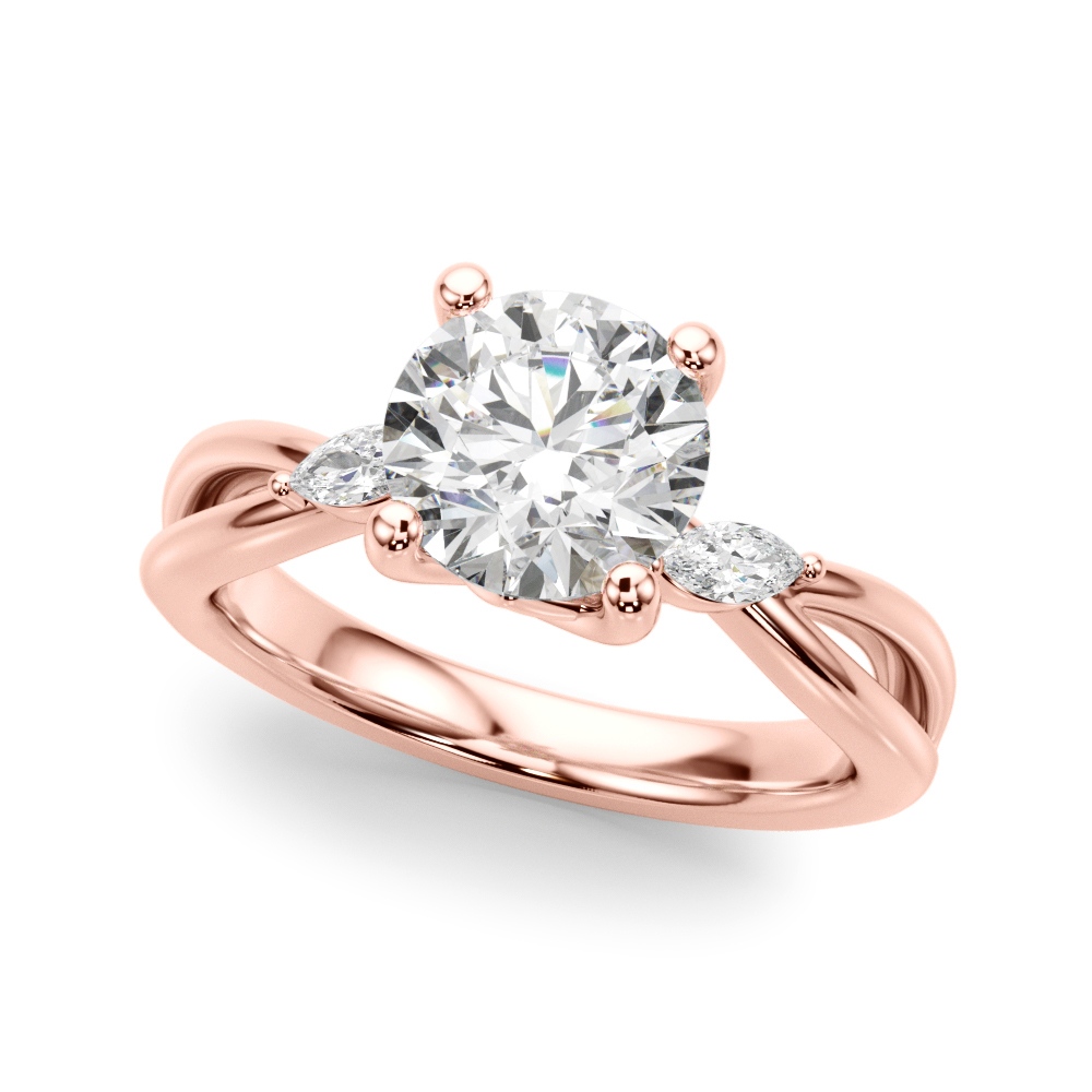 Angle view of round cut diamond nature inspired crossover engagement ring in rose gold