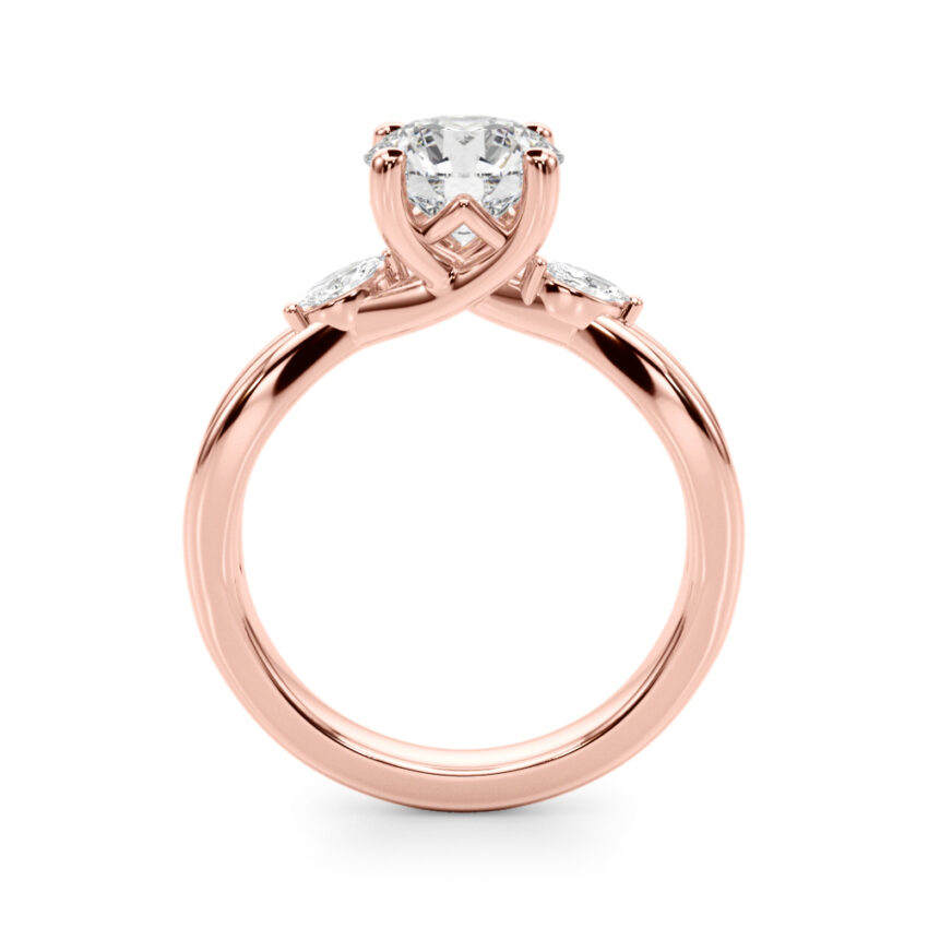 Side view of round cut diamond nature inspired crossover engagement ring in rose gold