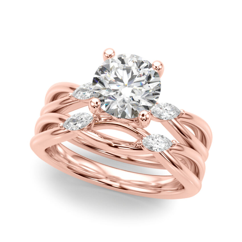 round cut diamond nature inspired crossover engagement ring set rose gold