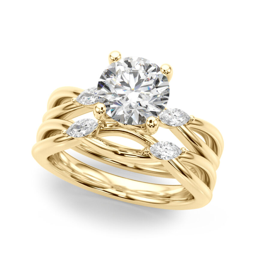 round cut diamond nature inspired crossover engagement ring set yellow gold