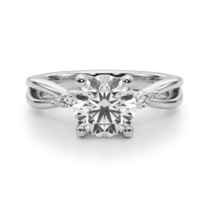 round cut diamond nature inspired crossover engagement ring in white gold
