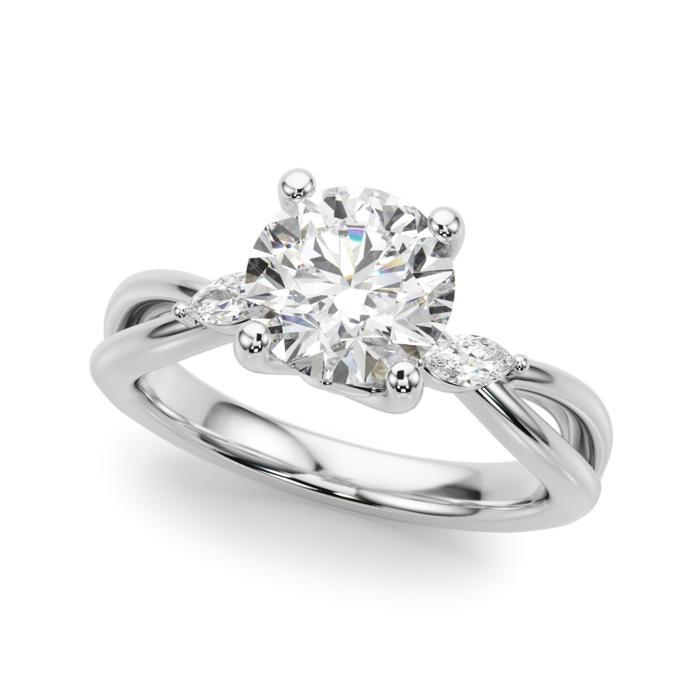 Angle view of round cut diamond nature inspired crossover engagement ring in white gold