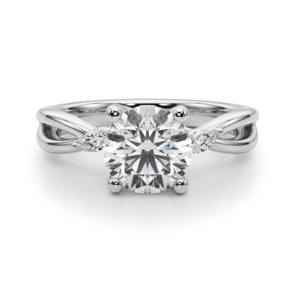 round cut diamond nature inspired crossover engagement ring in white gold