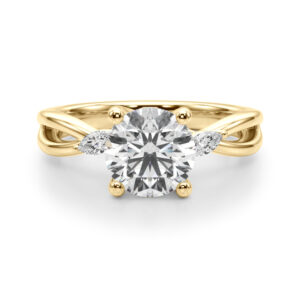 round cut diamond nature inspired crossover engagement ring in yellow gold