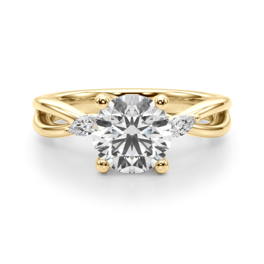 round cut diamond nature inspired crossover engagement ring in yellow gold