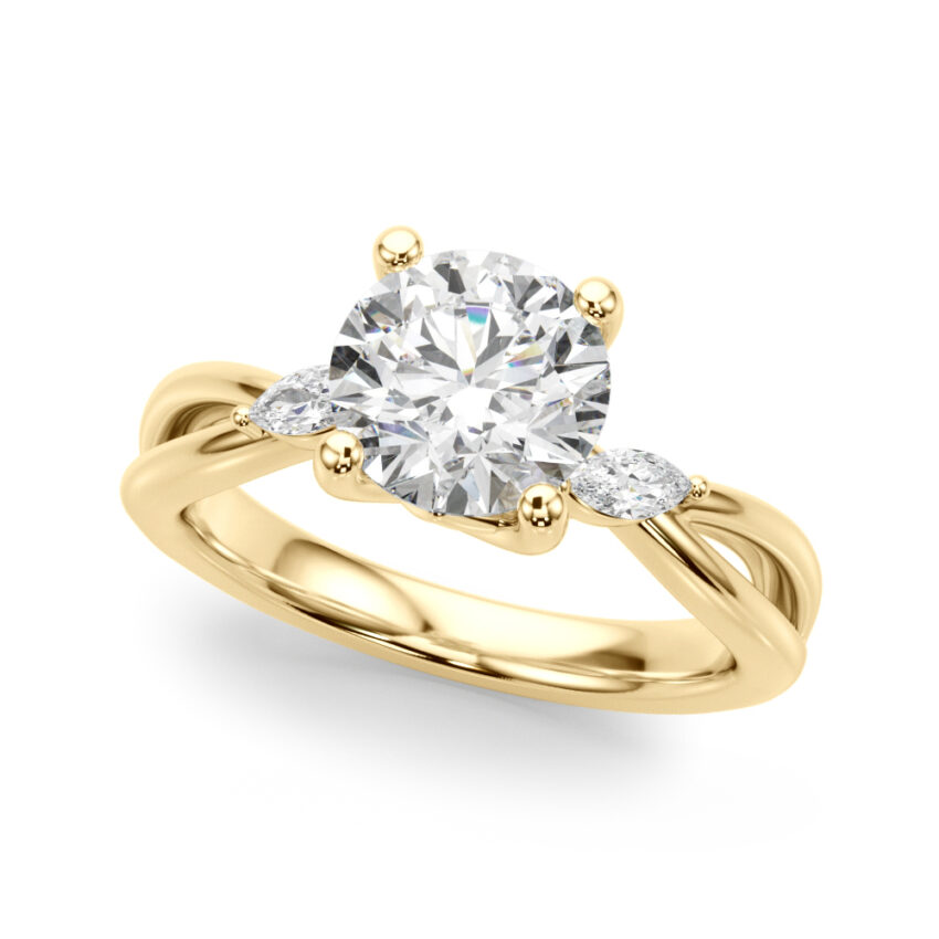 Angle view of round cut diamond nature inspired crossover engagement ring in yellow gold