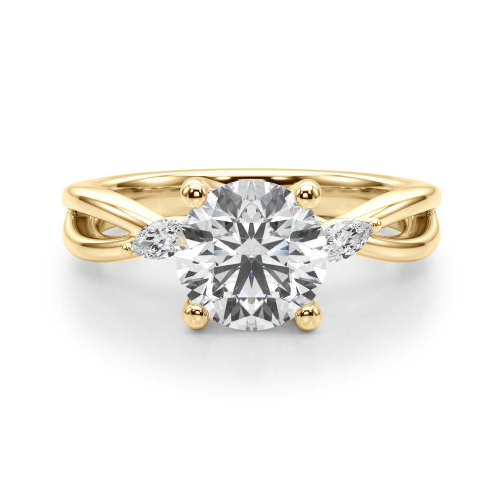 round cut diamond nature inspired crossover engagement ring in yellow gold